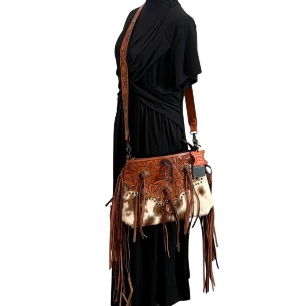 American Darling Western Tooled Leather Horse Cowhide Fringe Crossbody Bag NEW